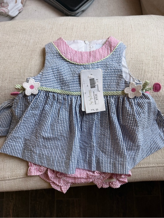 Florence Eiseman Other - Florence Eisenan Striped Blue & Pink Baby Dress Set with Flower Appliques